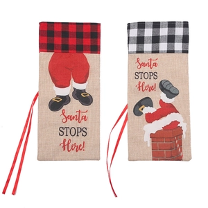 Linen Christmas wine bottle covers with Santa Claus chimney design and plaid drawstring