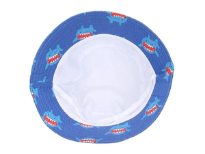 Detail view of the breathable cotton lining inside the blue shark pattern baby bucket hat