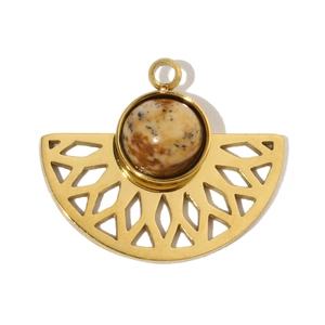 Close-up of a bohemian semi-circle titanium steel pendant with a green natural stone bead