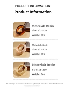 Detailed size and weight specs for geometric resin bangles in amber and marble white