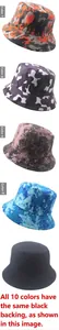 Detail showing five camouflage bucket hats with reversible double-sided black lining