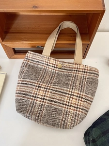 Borsa tote retrò in lana a quadri con manici in tela e chiusura con bottone a scatto