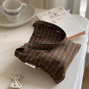 British style red and green plaid woolen handbag with minimalist fabric brand label