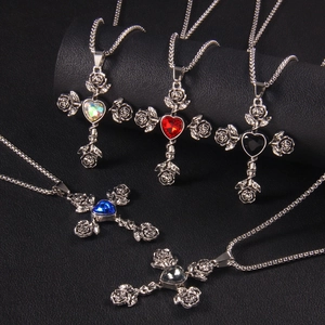Gothic Rose Cross Necklace With Heart Gemstone Alloy Pendant And Stainless Steel Chain Vintage Trendy Hip Hop Jewelry For Men Women