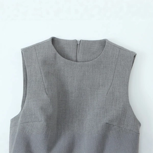 Elegant grey satin sleeveless dress with a round neckline and a hidden back zipper closure