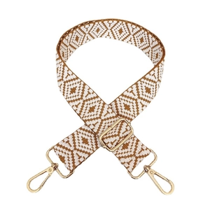Adjustable brown and white geometric woven wide shoulder strap with gold metal hooks