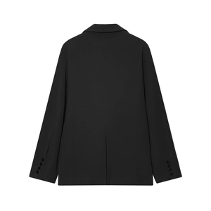 Vue arrière d'un blazer noir avec fente dorsale et détails de boutons aux manches