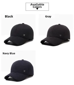 Detailed view of winter wool baseball caps in black, gray, and navy with metal logo