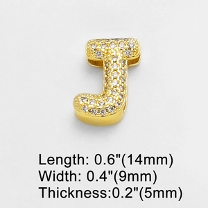 Detailed size view of golden letter J pendant with white cubic zirconia inlay