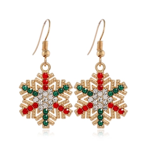 Detail of snowflake drop earrings with vibrant red, green, and clear sparkling crystals