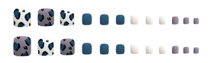 Flat lay of matte leopard print press-on toe nails in white, purple and blue shades