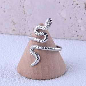Macro detail of silver snake ring with textured scales on a wooden display stand