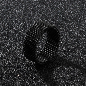 8mm wide black mesh woven stainless steel ring with industrial geometric design