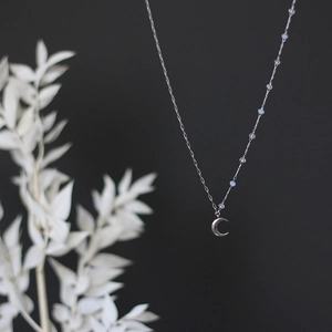 Crescent Moon Pendant Necklace Titanium Steel With Light Blue Crystal Beads Delicate Silver Minimalist Jewelry For Women