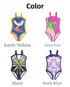 Detailed grid of four girls' one-piece swimsuits in assorted colorful floral patterns