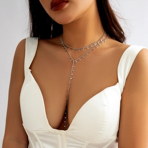 Bohemian Y-Shaped Multi Layer Tassel Necklace With Teardrop Alloy Pendants Geometric Style For Women