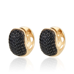 Gold plated wide hoop earrings with pavé black zircon and geometric hollow side detail