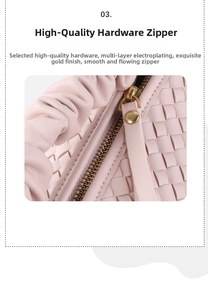 Detail of light pink woven leather texture with high-quality gold metal zipper closure