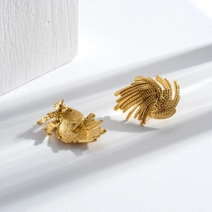 Minimalist gold wheat ear stud earrings in titanium steel with embossed texture