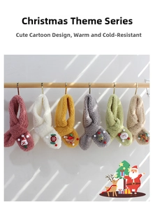 Detail of cross-fastening kids' Christmas scarves in six colors with festive appliques
