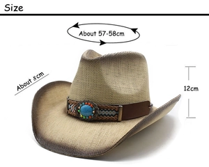 Detail view of woven cowboy hat featuring turquoise gemstone and ethnic style hatband