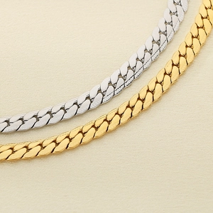 Flat 18K gold and silver plated stainless steel Cuban link necklaces on beige background