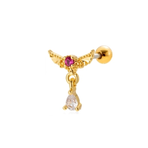 Goldener Flügel-Ohrstecker mit roten und weißen Zirkonia, Edelstahl-Piercing-Schmuck