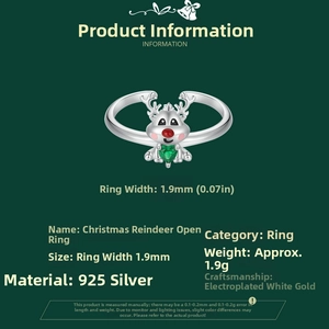 Detail view showing 925 silver reindeer ring specifications with red nose and green gemstone