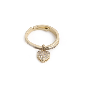 Anello in rame placcato oro con ciondolo a cuore in zirconi e fascia aperta regolabile