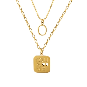 Double-layered gold stainless steel necklace with round and You & Me square pendants