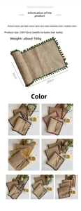 Jute table runner detail with pompom trim and available colors in 180x33cm size
