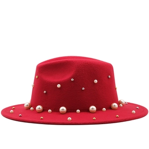 Elegant red wool felt wide brim boater hat with white pearl and gold bead decorations