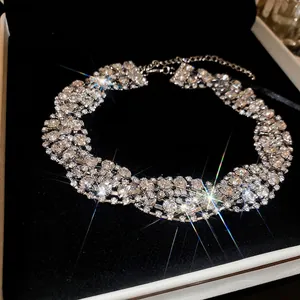 Luxurious wide choker necklace with rows of white crystals and adjustable silver chain