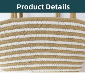 Close-up of the handcrafted cotton rope weave and khaki striped texture on the tote bag