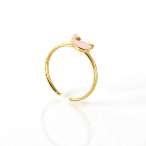 Adjustable golden stainless steel open ring featuring a cute pink enamel whale design