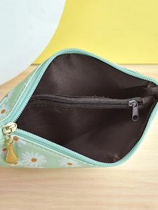 Minimalist daisy canvas small square pouch with zipper and inner pocket shown in top view