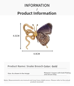 Detailed view of snake and butterfly brooch with purple embroidery and gold plating