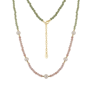 Handmade S925 silver necklace with green and pink stone beads and natural pearls