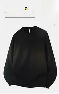 Detail view of the ribbed cuffs and neckline of this black crewneck fleece sweatshirt