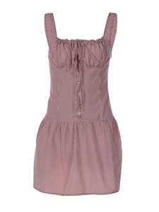 Sweet red and white plaid camisole dress with button details and ruffled straps