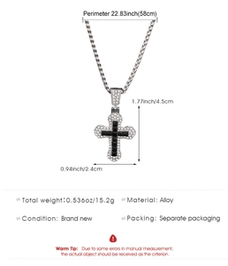 Technical drawing of a Gothic cross necklace showing 58cm chain length and pendant dimensions