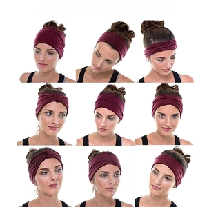 Elastic burgundy workout headband with movable knot showing 9+ ways to wear style