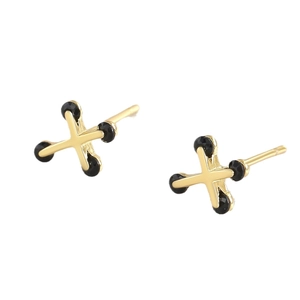 Minimalist 18k gold plated X-shaped cross stud earrings with black bead accents