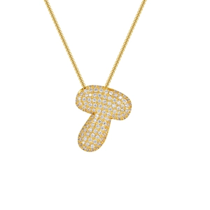 Detail of 18K gold plated mushroom pendant with sparkling micro-pave zircons on a gold chain