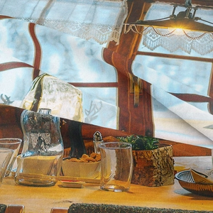 Close-up of the digital print fabric showing the soft texture and rustic dining room pattern