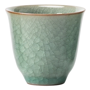 Classic Ru Kiln celadon ceramic teacup with crackle glaze effect and iron rust rim finish