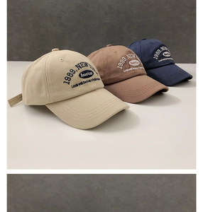 Detail of 1989 New York embroidery on retro cotton baseball caps in various colors