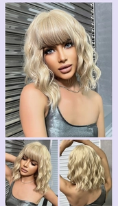 Three views of a short wavy golden bob wig with bangs showing front side and back