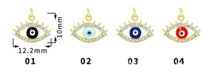 Detail of 18K gold plated evil eye charms in four colors with zircon inlay 12.2mm