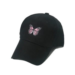 Black baseball cap with pink butterfly embroidery for outdoor sun protection for women